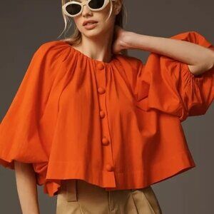 Rhode Veronica Balloon Sleeve Top in Electric Red Holiday Blouse Size S Luxury